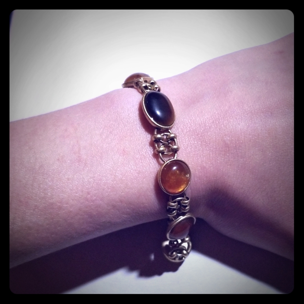 (2for5) Gold tiger eye and amber cabochon bracelet